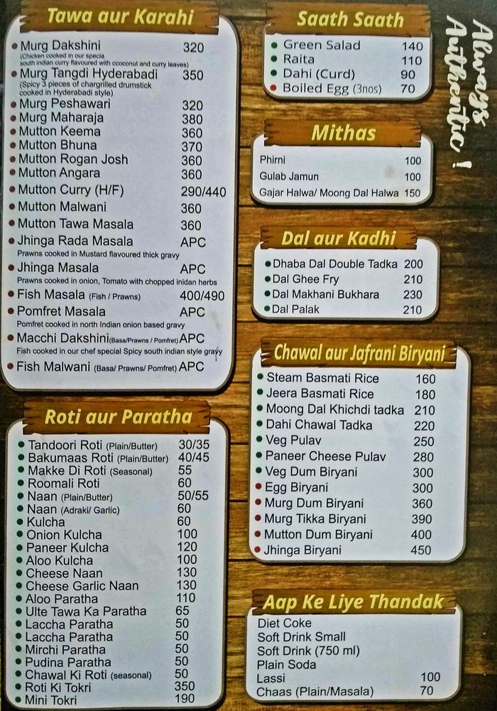 Tandoor Tawa Aur Karahi Menu and Price List for Thane West, Thane