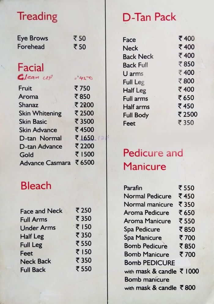 Adam and Eve Family Salon Menu and Price List for Thuraipakkam, Chennai