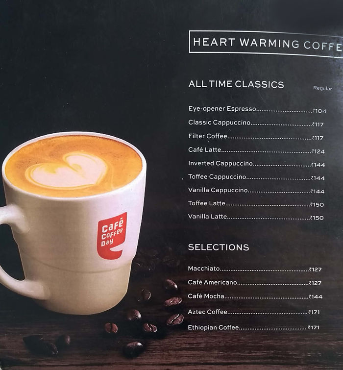 Cafe Coffee Day Menu and Price List for Narayanguda, Hyderabad