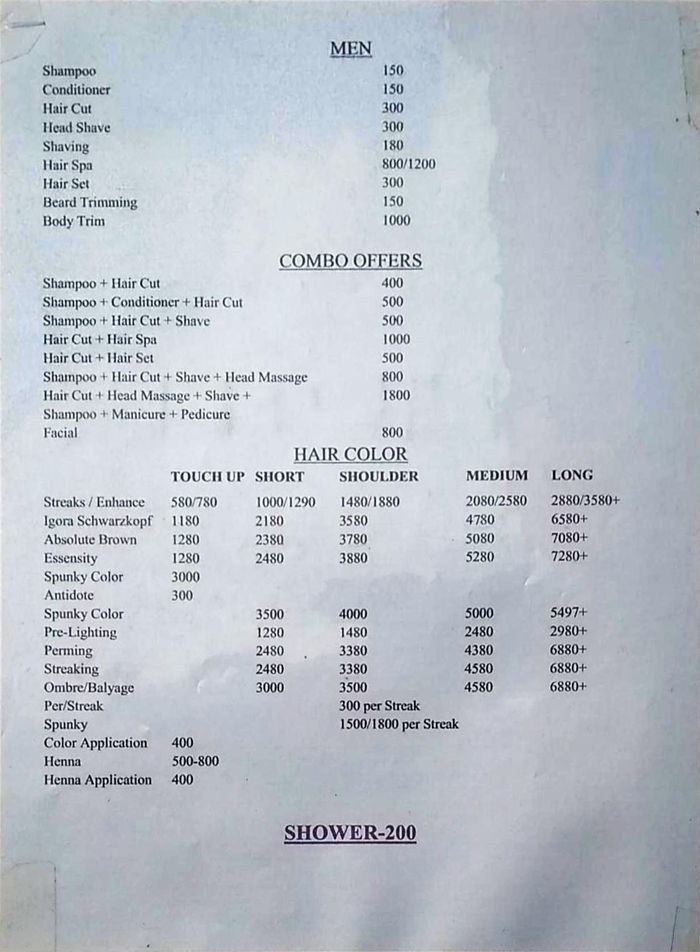 R's Just Hair Studio Menu and Price List for Nirvana, Gurgaon 