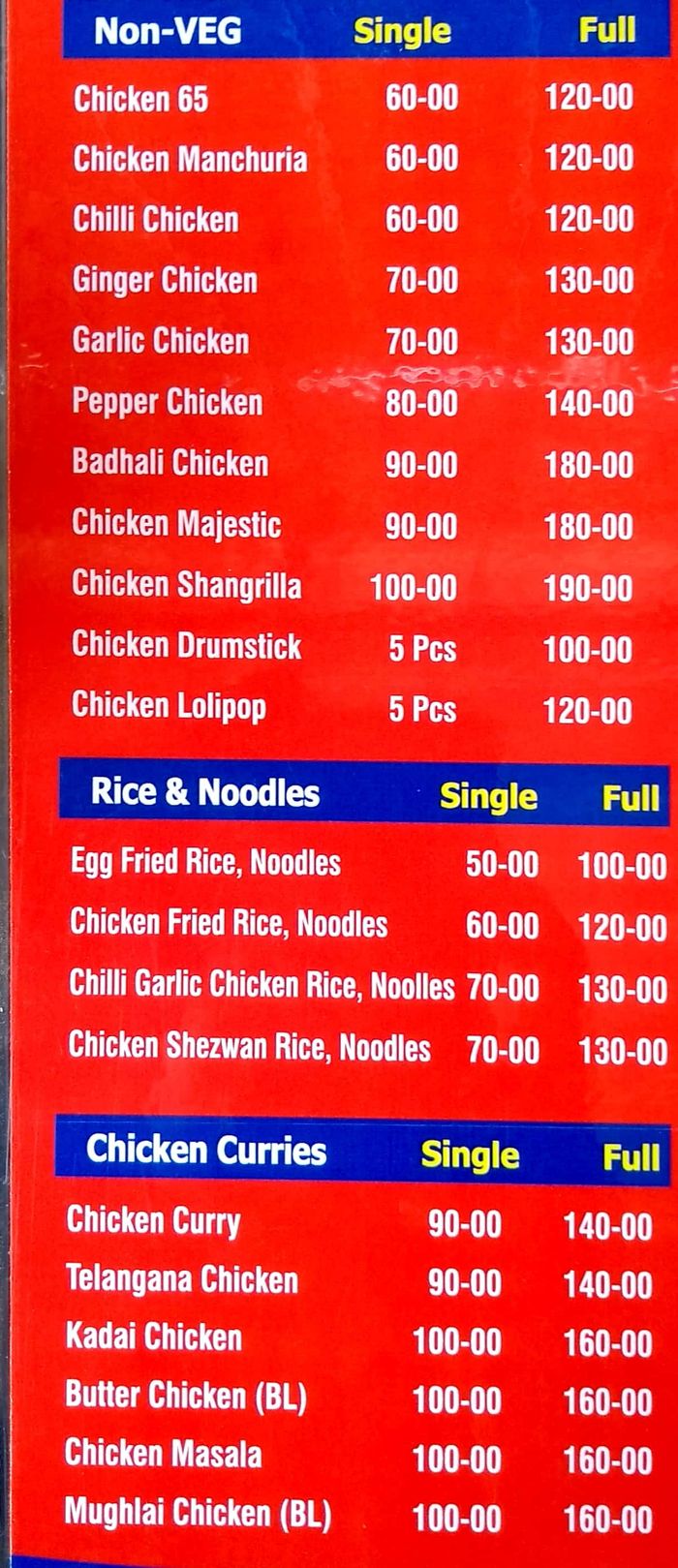 Grill King Menu and Price List for Defence Colony, Hyderabad