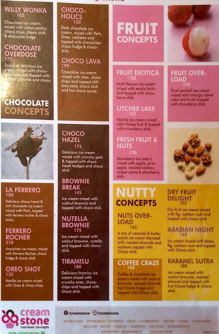 Cream Stone Menu and Price List for AS Rao Nagar, Hyderabad