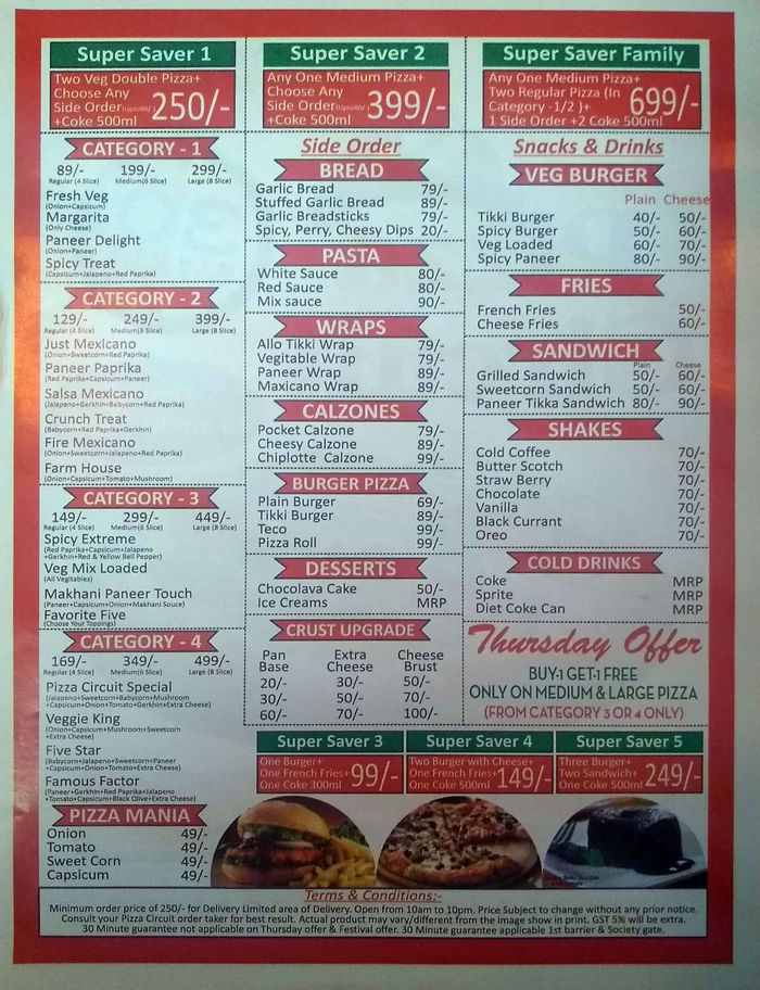 Pizza Circuit Menu And Price List For Najafgarh New Delhi