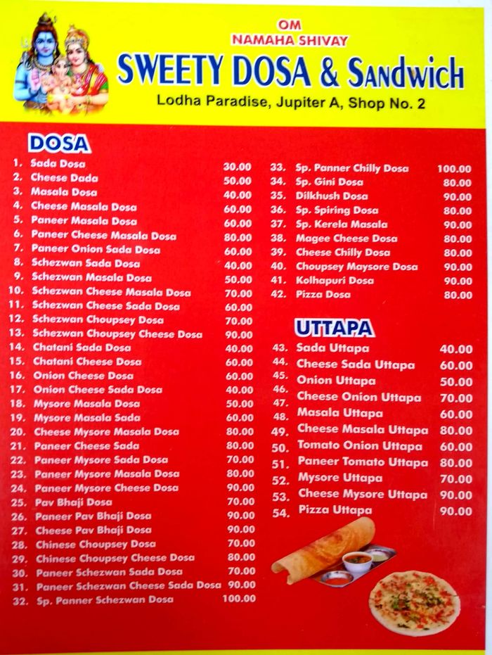 Sweety Dosa Sandwich Menu And Price List For Thane West Thane Nearbuy Com