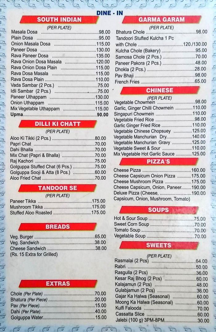 Bengali Sweet House Menu and Price List for Connaught Place, New Delhi