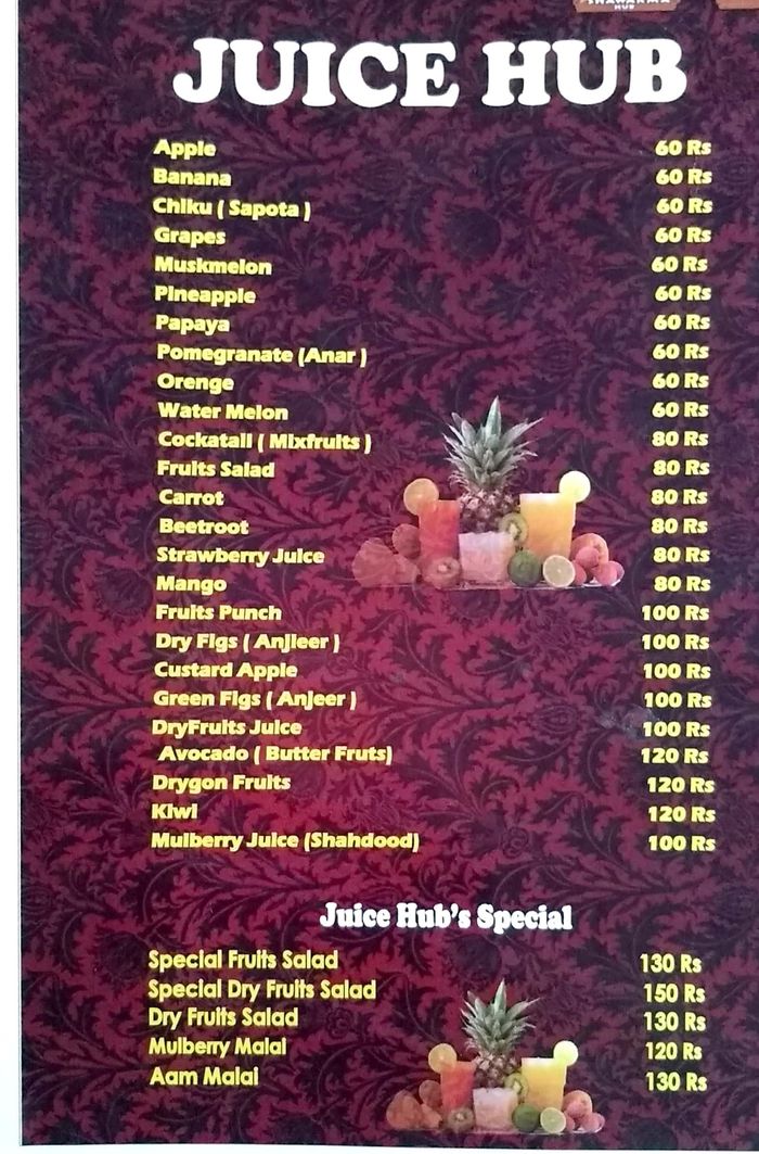 Juice Hub Menu and Price List for Hitech City, Hyderabad