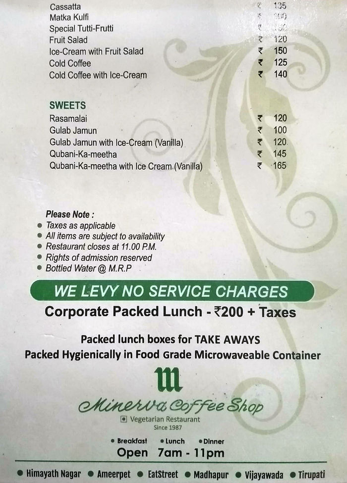 Minerva Coffee Menu and Price List for Hitech City, Hyderabad