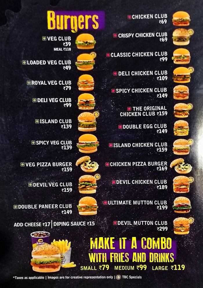 The Burger Club Menu and Price List for Lajpat Nagar 2, New Delhi |  
