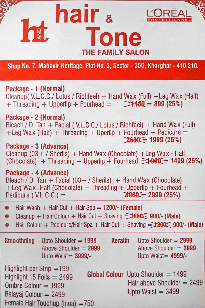 Hair & Tone Menu and Price List for Kharghar, Navi Mumbai 