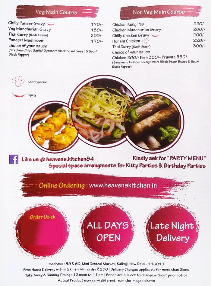 Heaven S Kitchen Menu And Price List For Kalkaji New Delhi