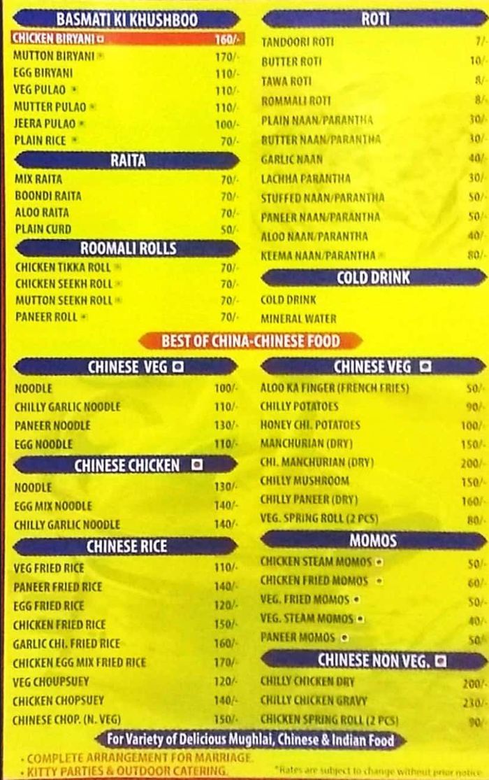 Novelty Chicken Corner Menu and Price List for East of Kailash, New