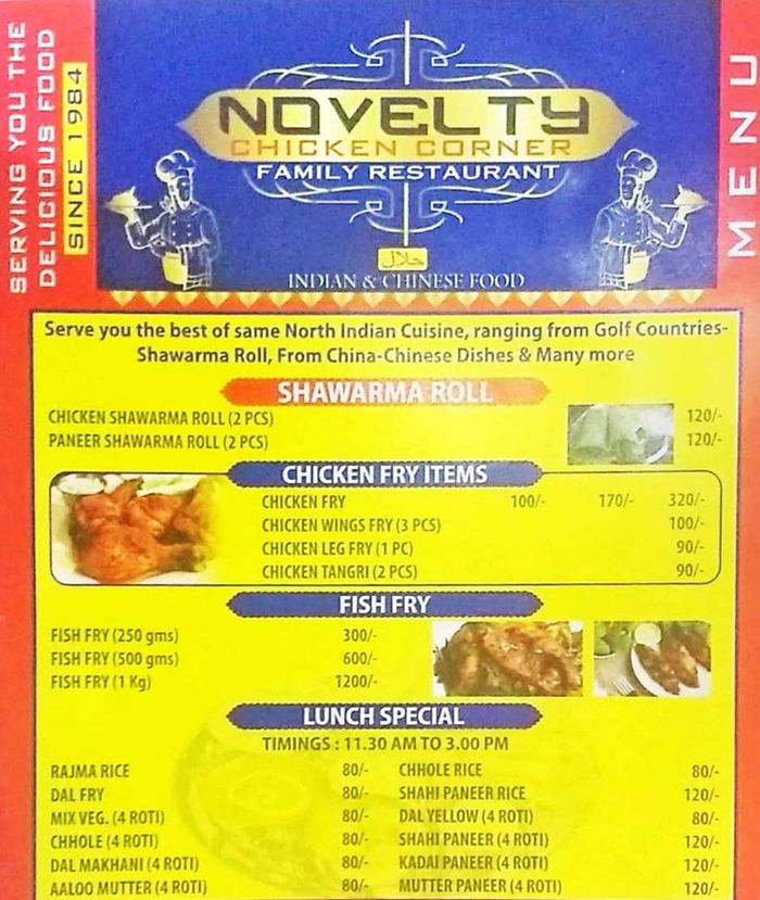 Novelty Chicken Corner Menu and Price List for East of Kailash, New