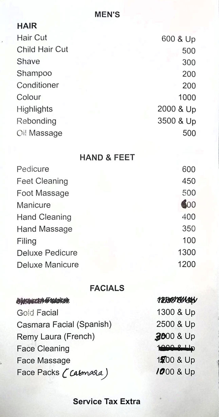 Affinity Salon Menu and Price List for Khan Market, New Delhi 