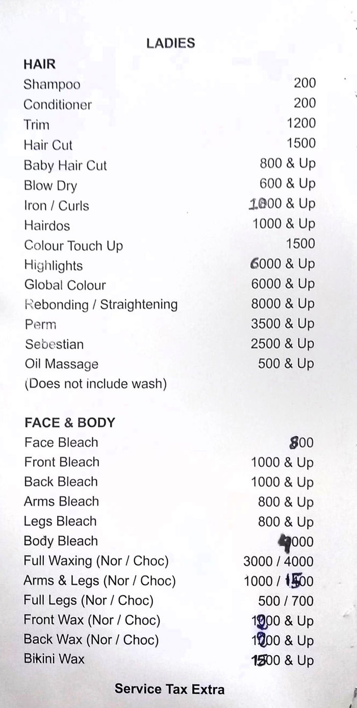 Affinity Salon Menu and Price List for Khan Market, New Delhi 