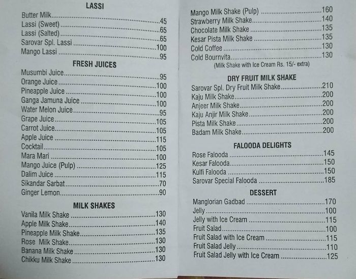 sarovar-pure-veg-menu-and-price-list-for-kandivali-west-mumbai