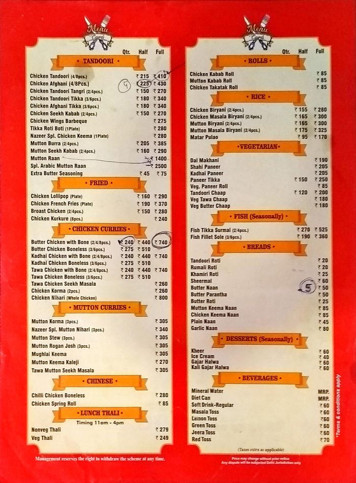 Nazeer Foods Menu and Price List for Abul Fazal Enclave Part 1, New