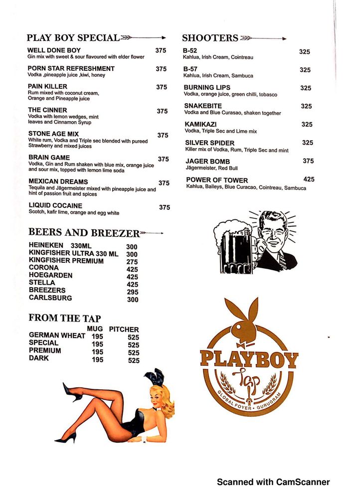 Playboy Tap Menu and Price List for Sector 43, Gurgaon