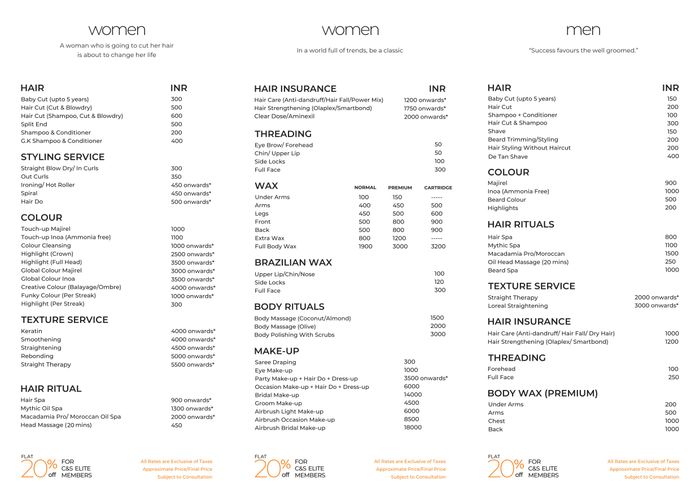 Cut & Style Menu and Price List for Sector 49, Gurgaon 