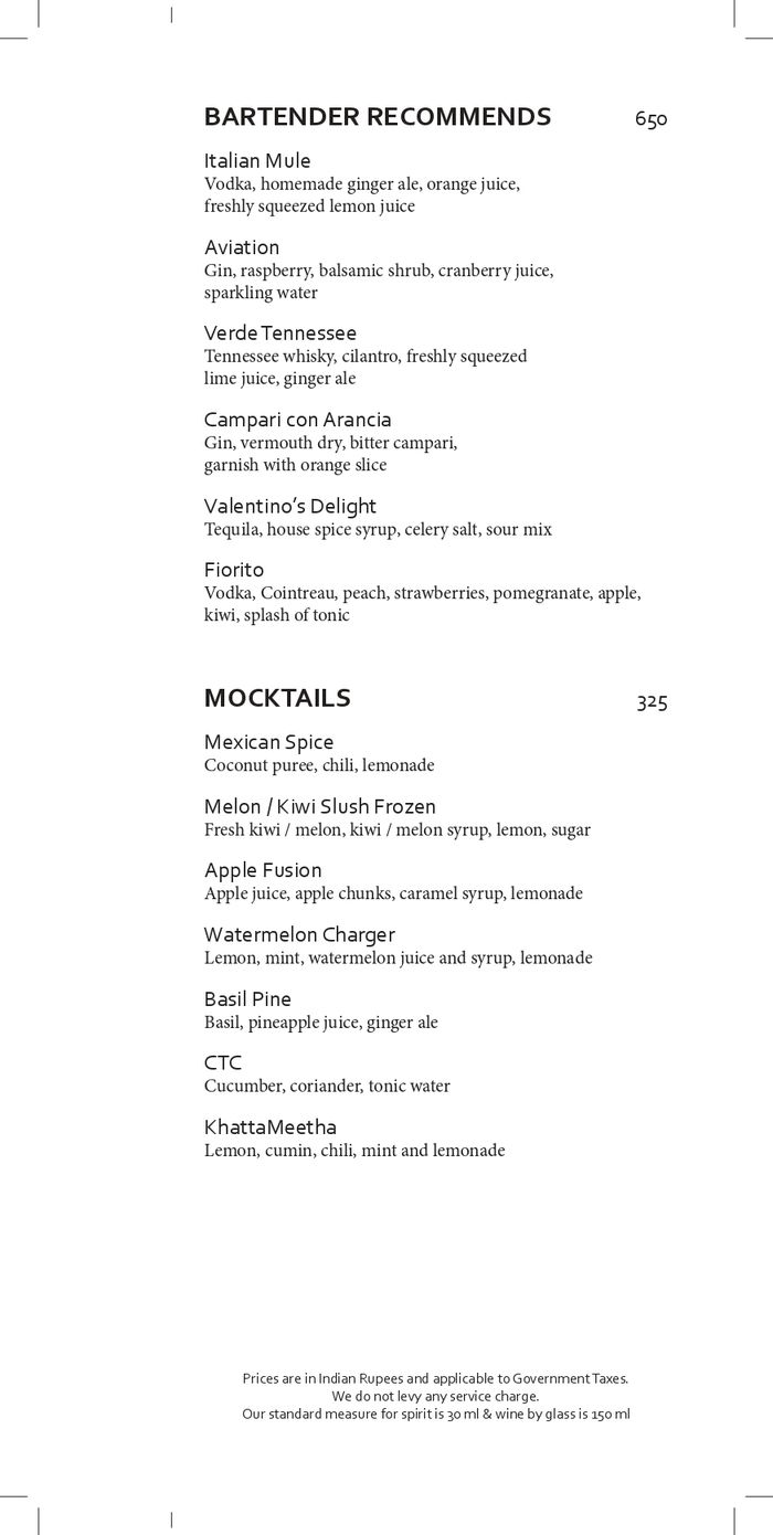 Oregano Restaurant & Bar JW Marriott Menu and Price List for Sector