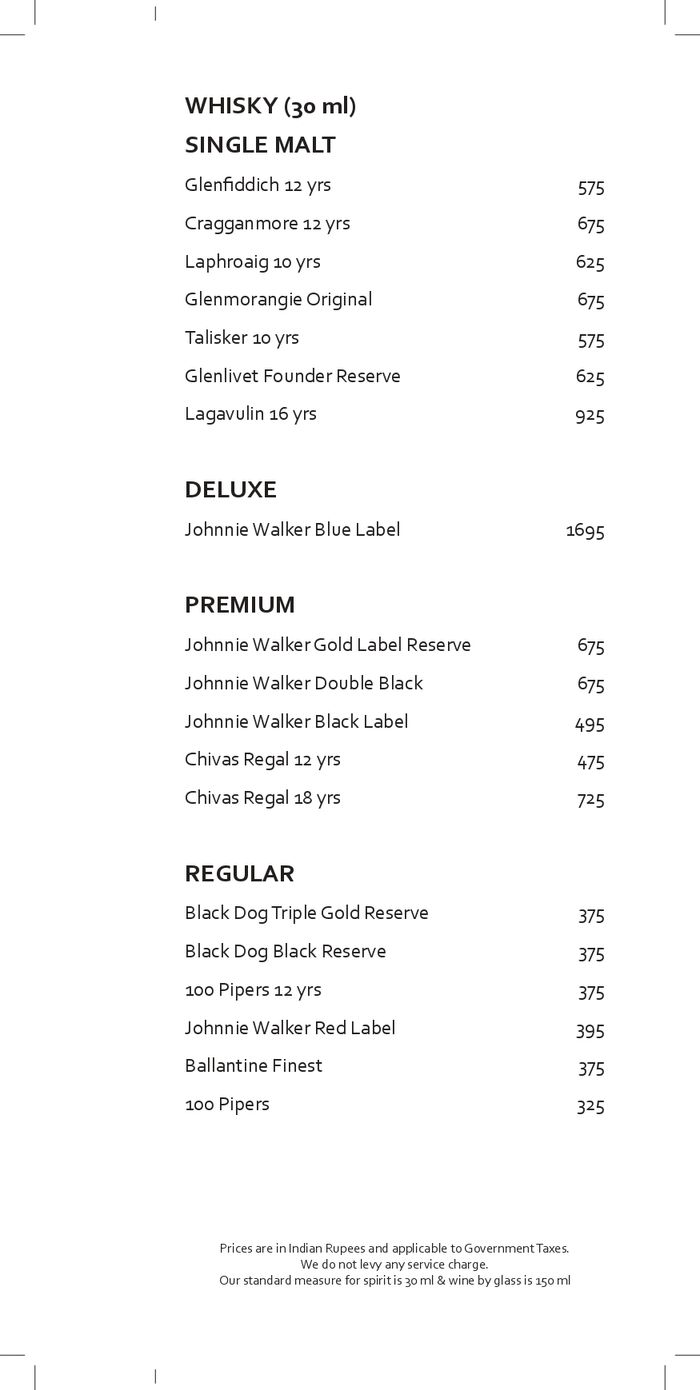 Oregano Restaurant & Bar JW Marriott Menu and Price List for Sector