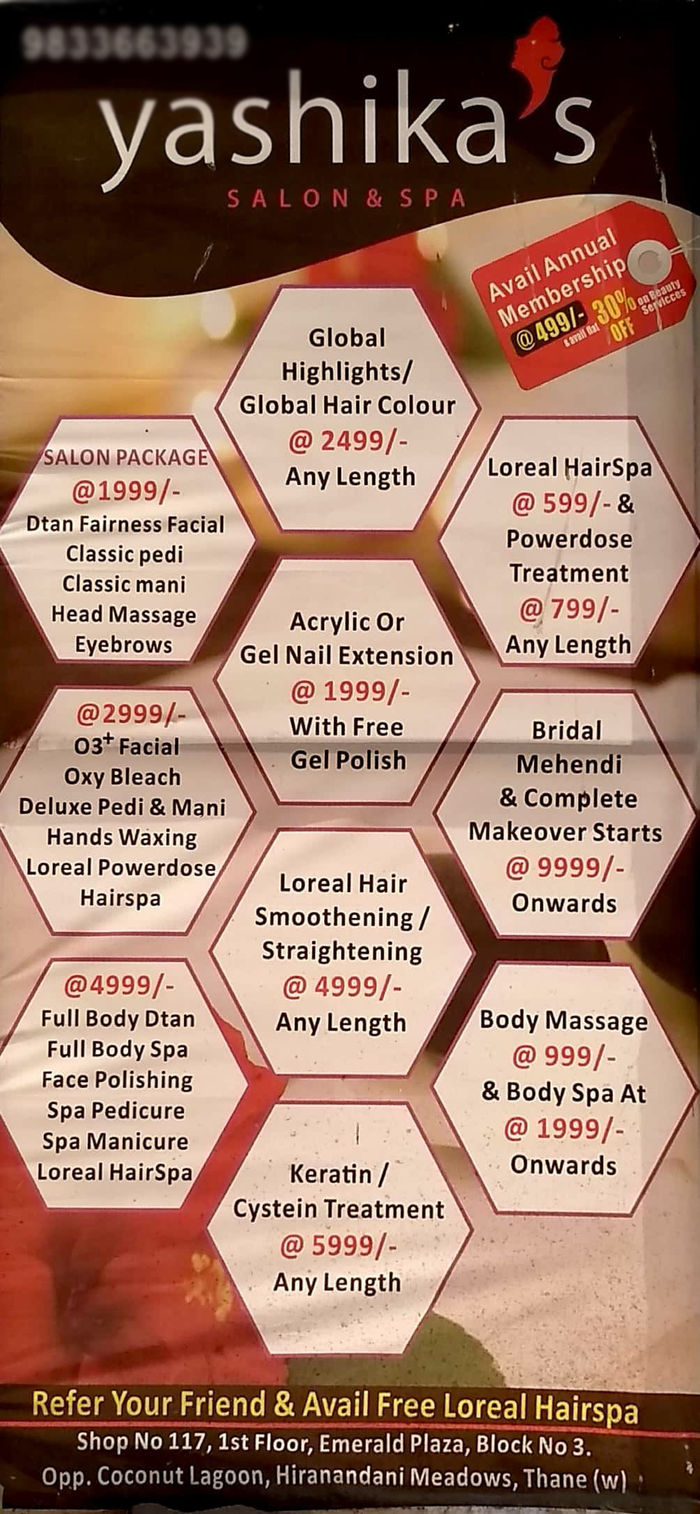 Yashika's Salon & Spa Menu and Price List for Thane West, Thane | Yashika's Salon & Spa Menu and Price List for Thane West, Thane |